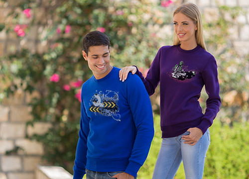 Transferbedruckte Sweat-Shirts für Damen und Herren von der Stickerei Stoiber. Transferbedruckte Sweat-Shirts für Damen und Herren von der Stickerei Stoiber.